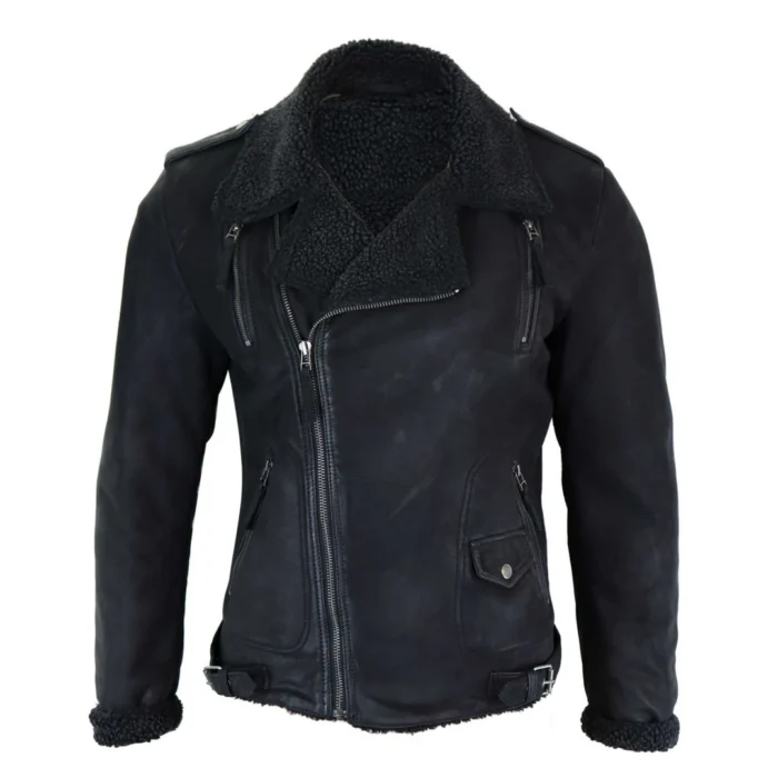 Mens Black Brown Cross Zip Real Leather Biker Jacket Fleece Lined Fitted Smart Casual - Image 1