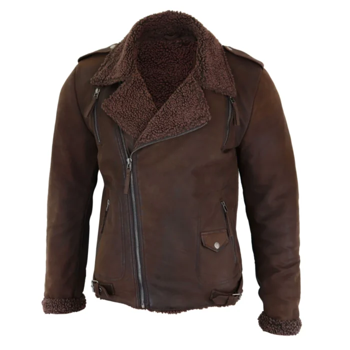 Mens Black Brown Cross Zip Real Leather Biker Jacket Fleece Lined Fitted Smart Casual - Image 13
