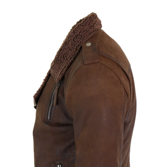 Mens Black Brown Cross Zip Real Leather Biker Jacket Fleece Lined Fitted Smart Casual - Image 12