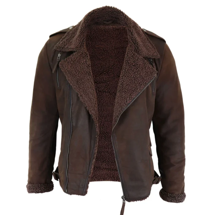 Mens Black Brown Cross Zip Real Leather Biker Jacket Fleece Lined Fitted Smart Casual - Image 10
