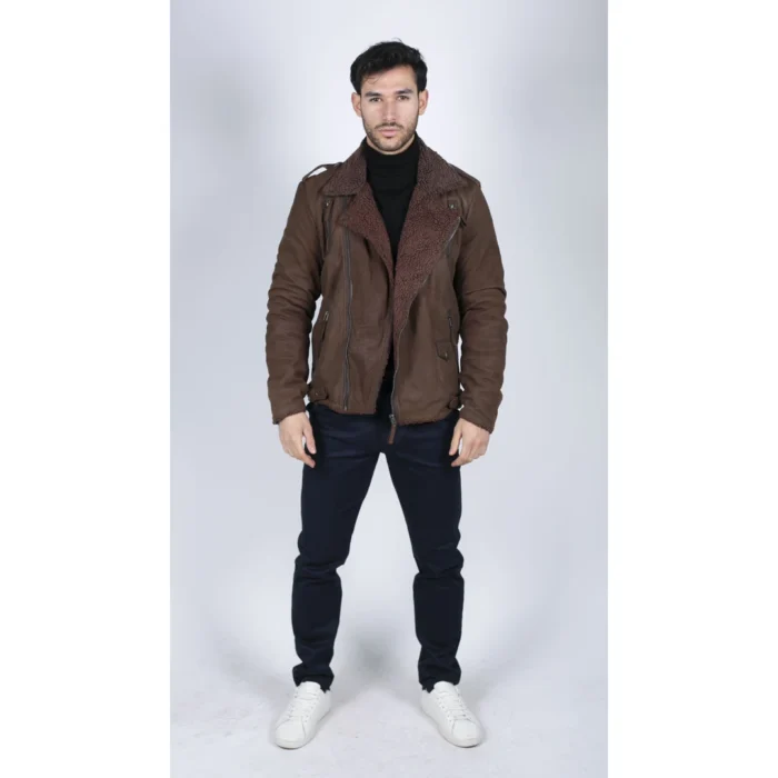 Mens Black Brown Cross Zip Real Leather Biker Jacket Fleece Lined Fitted Smart Casual - Image 9