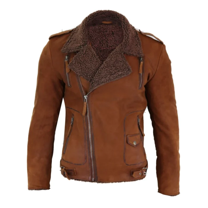 Mens Black Brown Cross Zip Real Leather Biker Jacket Fleece Lined Fitted Smart Casual - Image 15