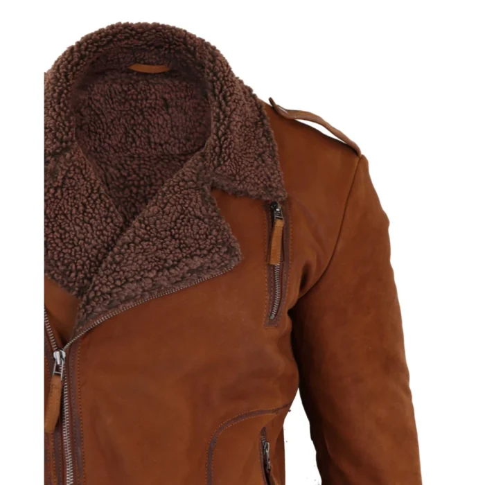 Mens Black Brown Cross Zip Real Leather Biker Jacket Fleece Lined Fitted Smart Casual - Image 21