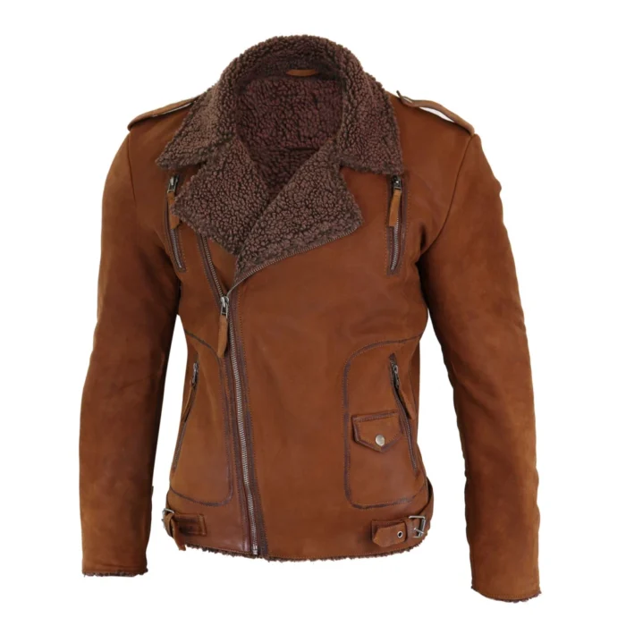 Mens Black Brown Cross Zip Real Leather Biker Jacket Fleece Lined Fitted Smart Casual - Image 20