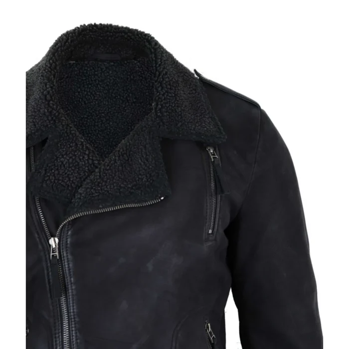 Mens Black Brown Cross Zip Real Leather Biker Jacket Fleece Lined Fitted Smart Casual - Image 2