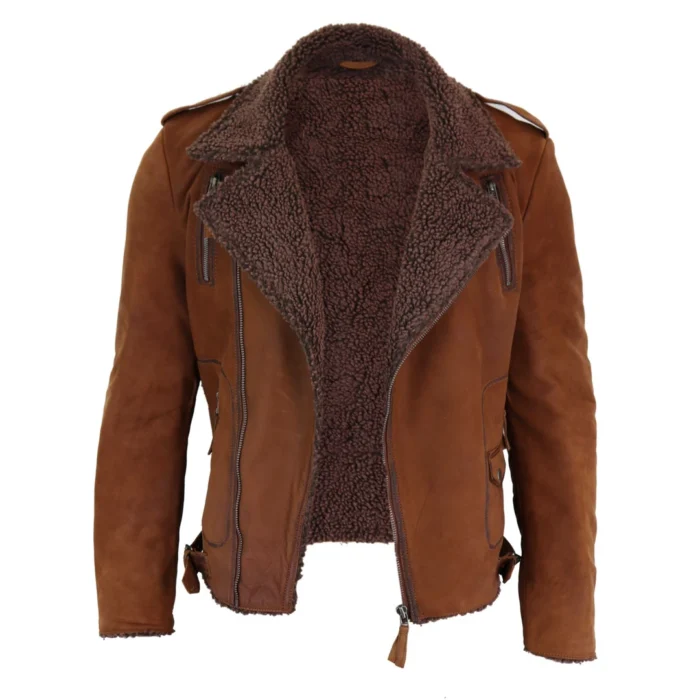 Mens Black Brown Cross Zip Real Leather Biker Jacket Fleece Lined Fitted Smart Casual - Image 17