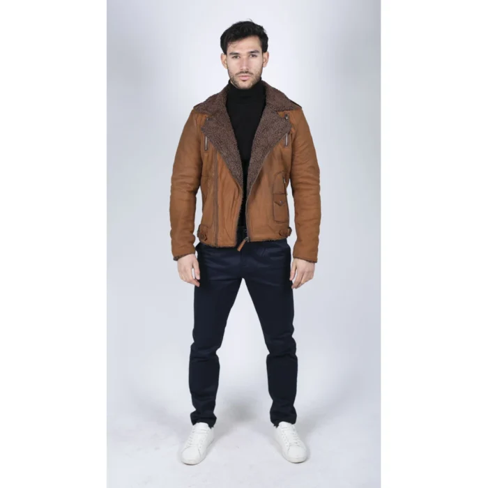 Mens Black Brown Cross Zip Real Leather Biker Jacket Fleece Lined Fitted Smart Casual - Image 16