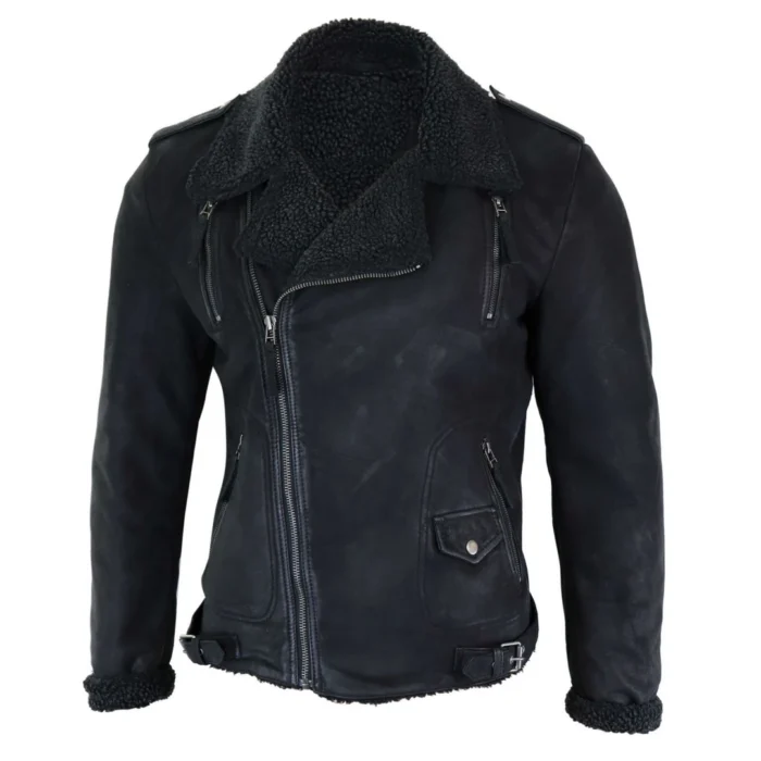 Mens Black Brown Cross Zip Real Leather Biker Jacket Fleece Lined Fitted Smart Casual - Image 7
