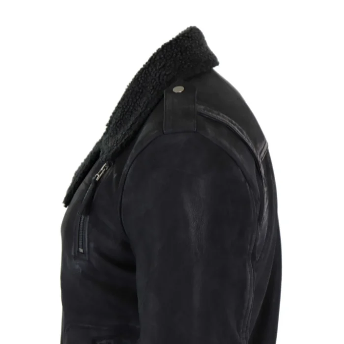 Mens Black Brown Cross Zip Real Leather Biker Jacket Fleece Lined Fitted Smart Casual - Image 6