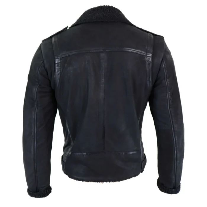 Mens Black Brown Cross Zip Real Leather Biker Jacket Fleece Lined Fitted Smart Casual - Image 5
