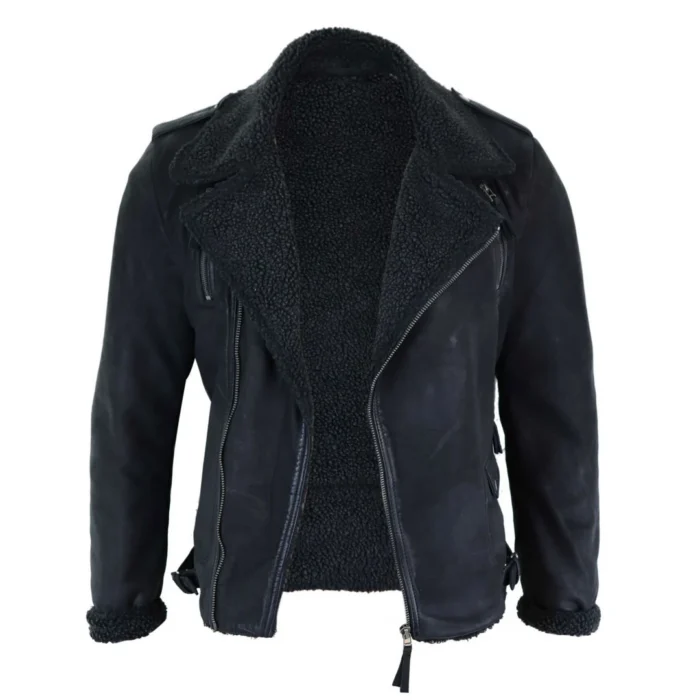 Mens Black Brown Cross Zip Real Leather Biker Jacket Fleece Lined Fitted Smart Casual - Image 4