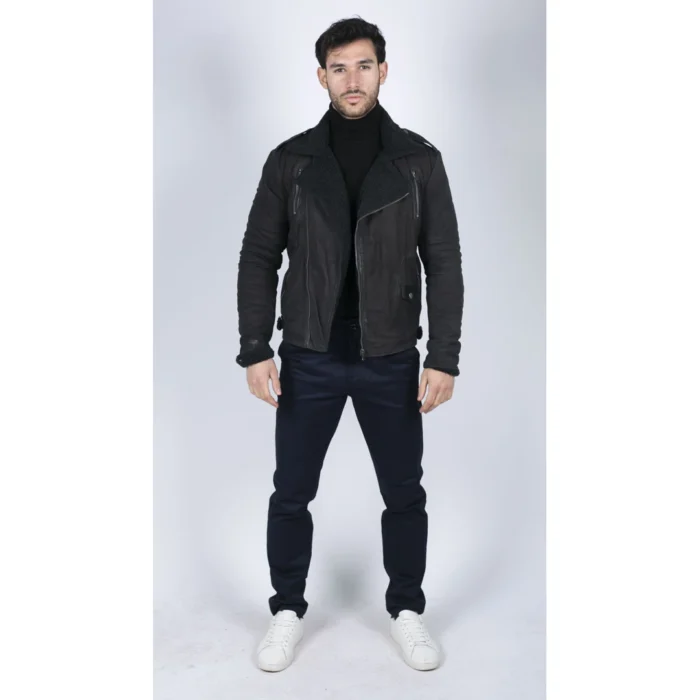 Mens Black Brown Cross Zip Real Leather Biker Jacket Fleece Lined Fitted Smart Casual - Image 3