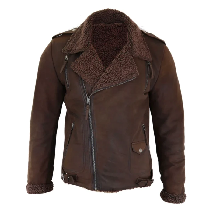 Mens Black Brown Cross Zip Real Leather Biker Jacket Fleece Lined Fitted Smart Casual - Image 8