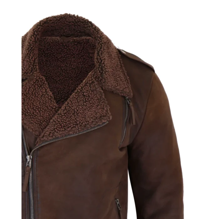 Mens Black Brown Cross Zip Real Leather Biker Jacket Fleece Lined Fitted Smart Casual - Image 14
