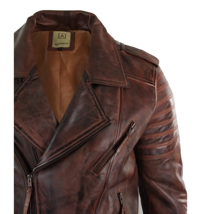 Mens Cross Zip Vintage Retro Biker Jacket Black Real Leather Urban Slim Fit - Image 15
