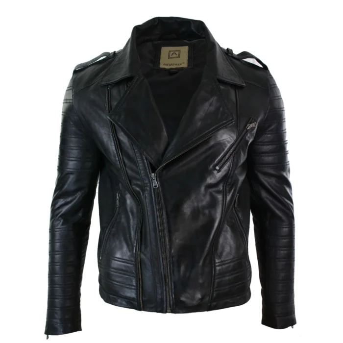 Mens Cross Zip Vintage Retro Biker Jacket Black Real Leather Urban Slim Fit - Image 1