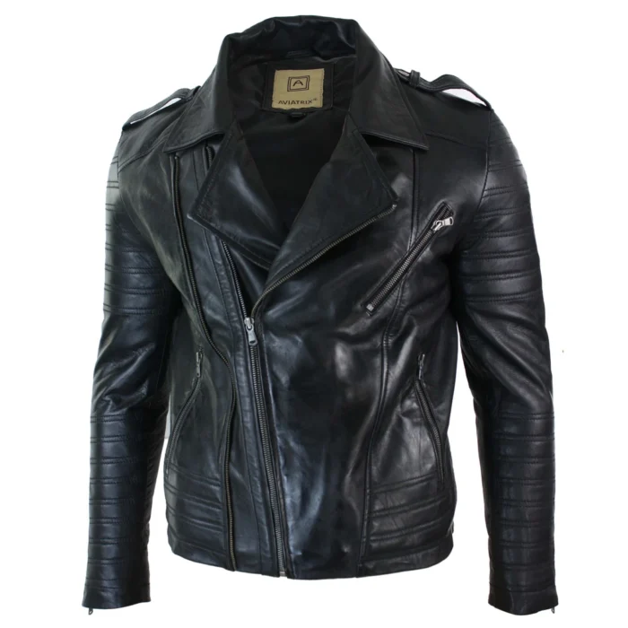 Mens Cross Zip Vintage Retro Biker Jacket Black Real Leather Urban Slim Fit - Image 5