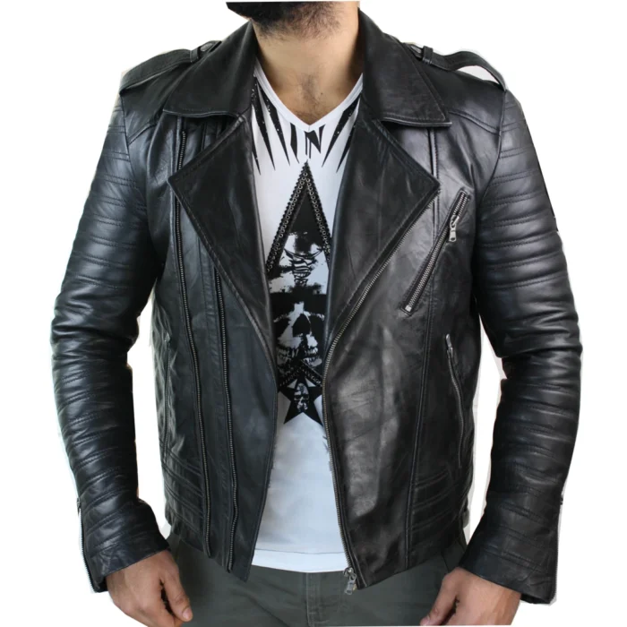 Mens Cross Zip Vintage Retro Biker Jacket Black Real Leather Urban Slim Fit - Image 6