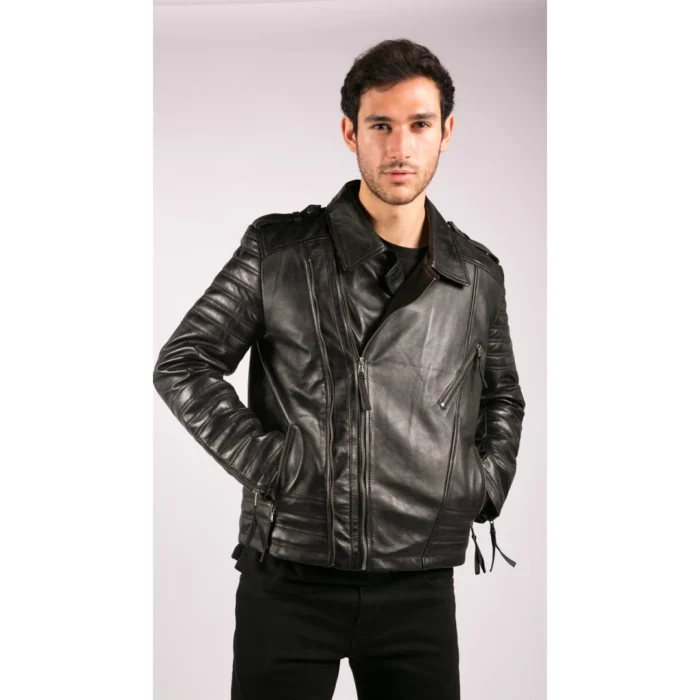 Mens Cross Zip Vintage Retro Biker Jacket Black Real Leather Urban Slim Fit - Image 2