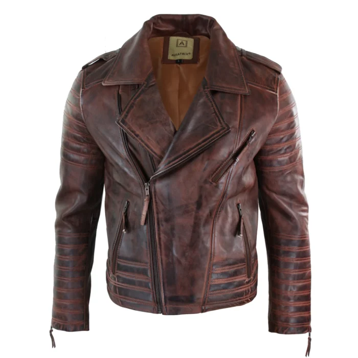 Mens Cross Zip Vintage Retro Biker Jacket Black Real Leather Urban Slim Fit - Image 7