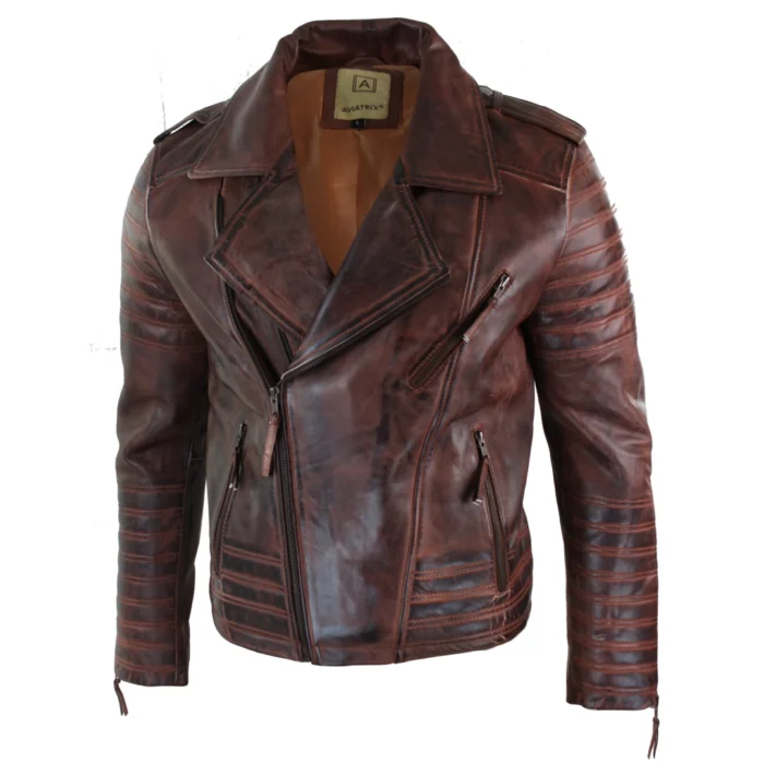 Mens Cross Zip Vintage Retro Biker Jacket Black Real Leather Urban Slim Fit - Image 9