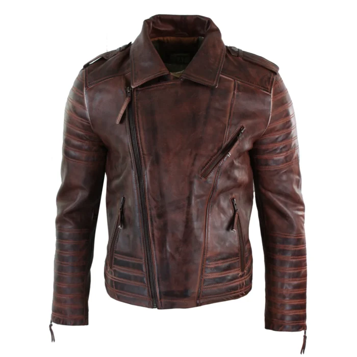 Mens Cross Zip Vintage Retro Biker Jacket Black Real Leather Urban Slim Fit - Image 14