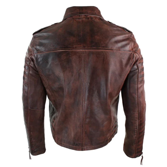 Mens Cross Zip Vintage Retro Biker Jacket Black Real Leather Urban Slim Fit - Image 12