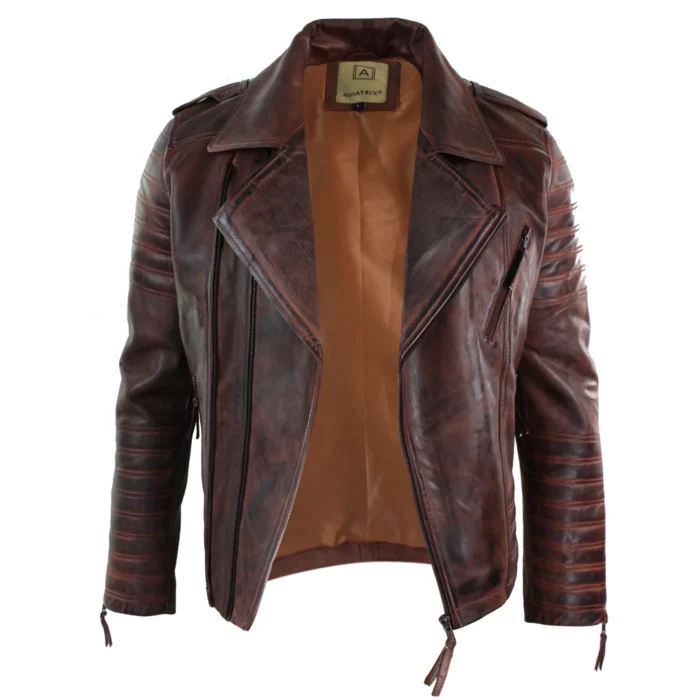 Mens Cross Zip Vintage Retro Biker Jacket Black Real Leather Urban Slim Fit - Image 11