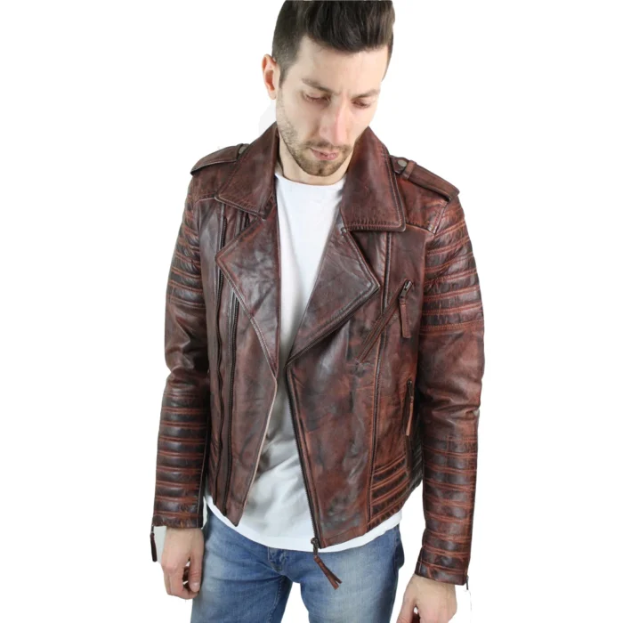 Mens Cross Zip Vintage Retro Biker Jacket Black Real Leather Urban Slim Fit - Image 10