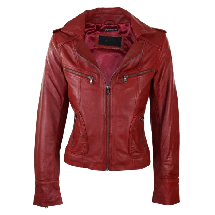 Ladies Women Real Leather Biker Rock Purple Red Slim Fit Jacket - Image 32