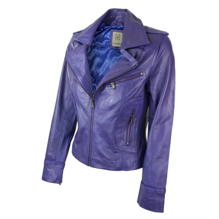 Ladies Women Real Leather Biker Rock Purple Red Slim Fit Jacket - Image 31