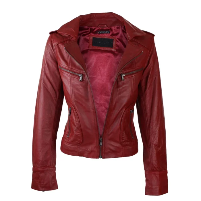 Ladies Women Real Leather Biker Rock Purple Red Slim Fit Jacket - Image 34