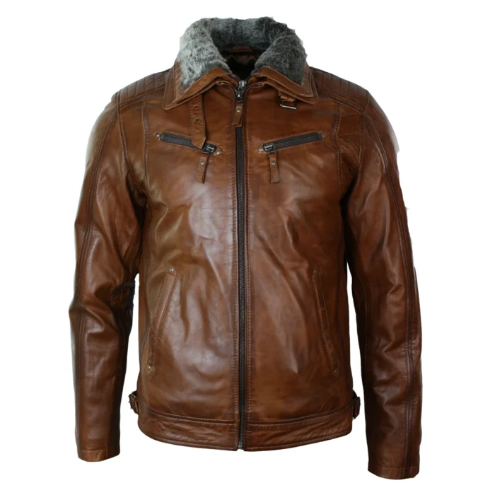 Mens Washed Rust Tan Brown Removable Fur Collar Leather Jacket Slim Fit Zipped - Image 1