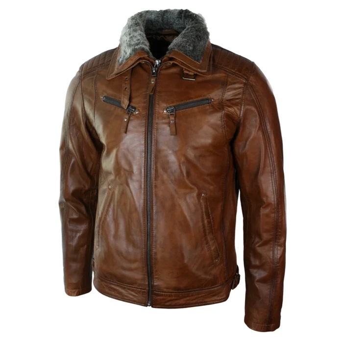 Mens Washed Rust Tan Brown Removable Fur Collar Leather Jacket Slim Fit Zipped - Image 2