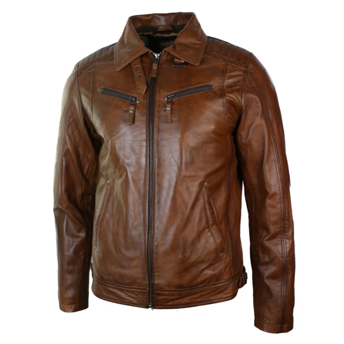Mens Washed Rust Tan Brown Removable Fur Collar Leather Jacket Slim Fit Zipped - Image 7