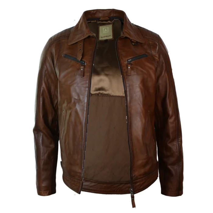 Mens Washed Rust Tan Brown Removable Fur Collar Leather Jacket Slim Fit Zipped - Image 6