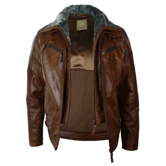 Mens Washed Rust Tan Brown Removable Fur Collar Leather Jacket Slim Fit Zipped - Image 4