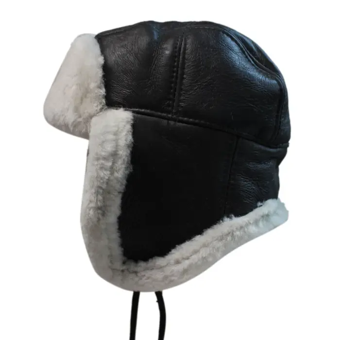 Mens Real Sherling Sheepskin Pilot Aviator Trapper Hat Brown Ginger Flying Cap Leather - Image 4