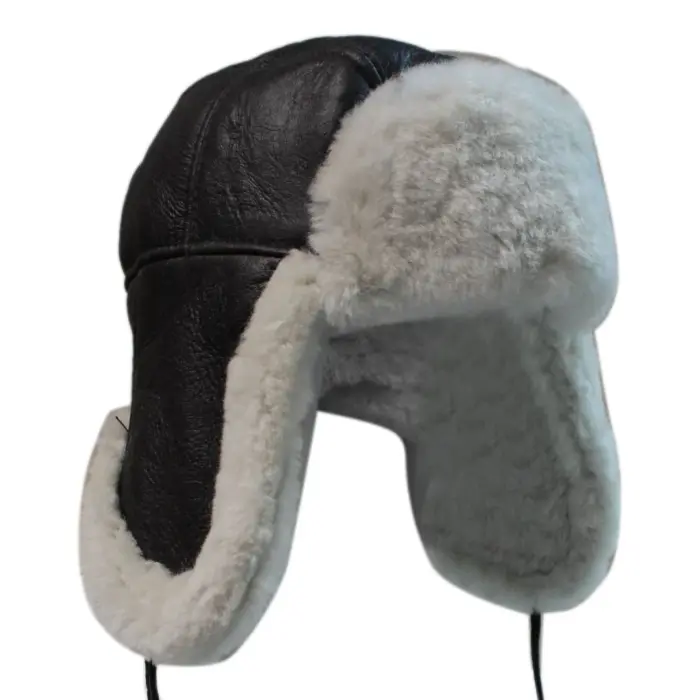 Mens Real Sherling Sheepskin Pilot Aviator Trapper Hat Brown Ginger Flying Cap Leather - Image 1