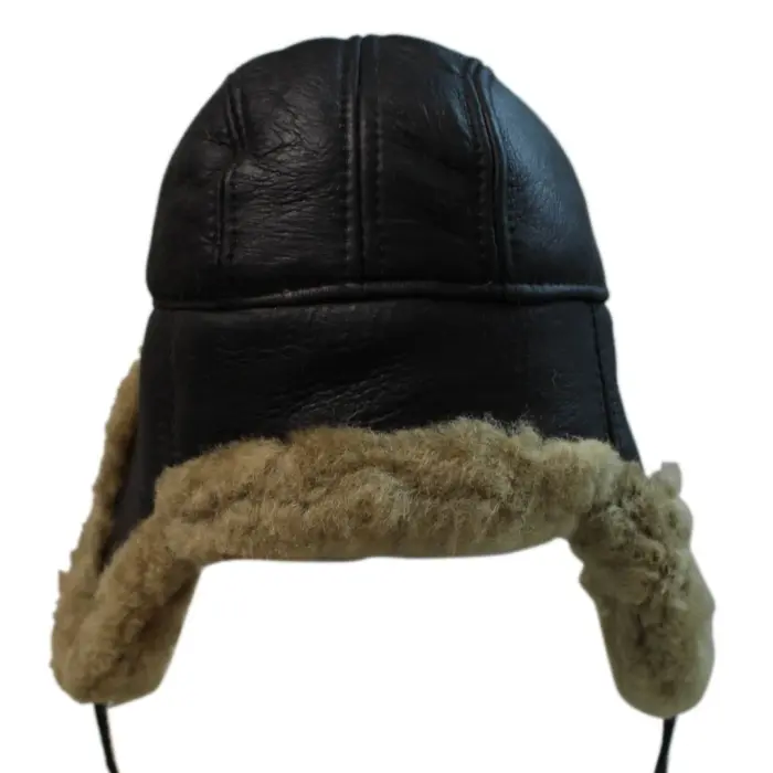 Mens Real Sherling Sheepskin Pilot Aviator Trapper Hat Brown Ginger Flying Cap Leather - Image 12