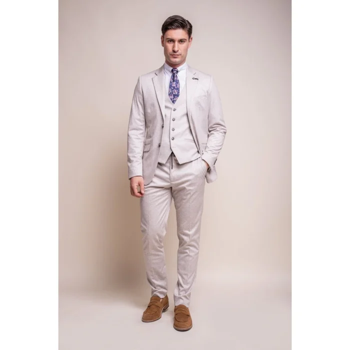 Mens Cream 3 Piece Suit Lightweight Tailored Fit - Image 2