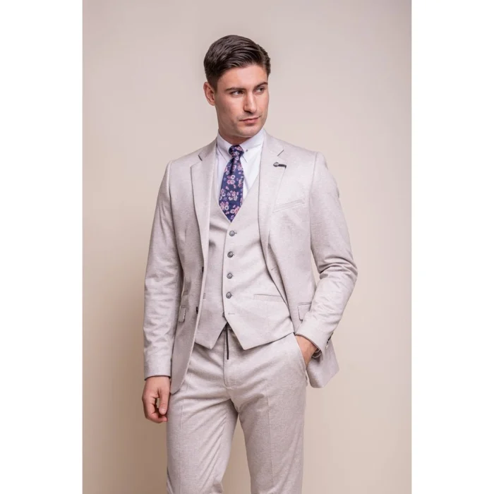 Mens Cream 3 Piece Suit Lightweight Tailored Fit - Image 1