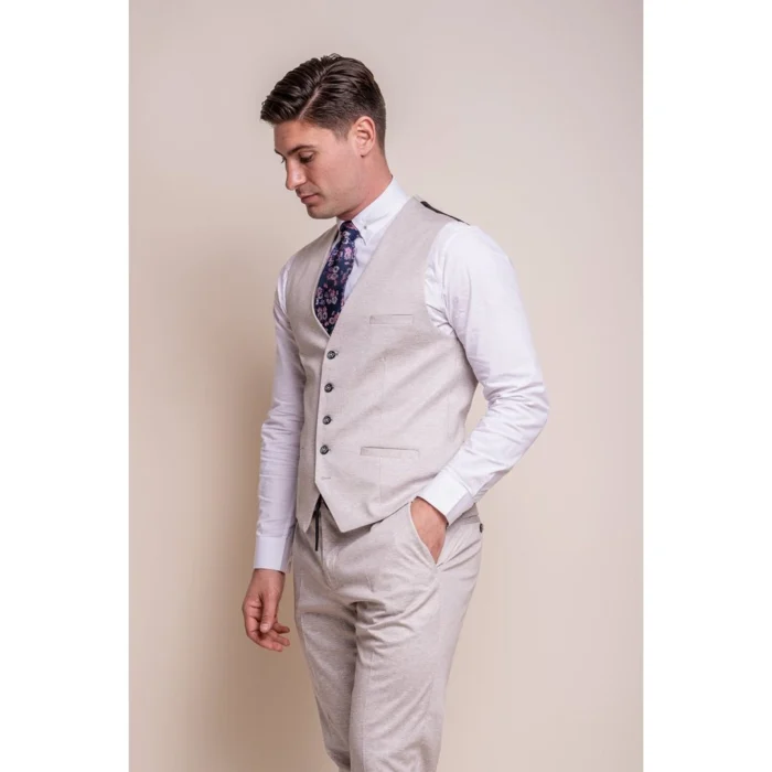 Mens Cream 3 Piece Suit Lightweight Tailored Fit - Image 3
