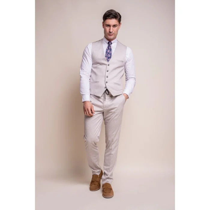 Mens Cream 3 Piece Suit Lightweight Tailored Fit - Image 4