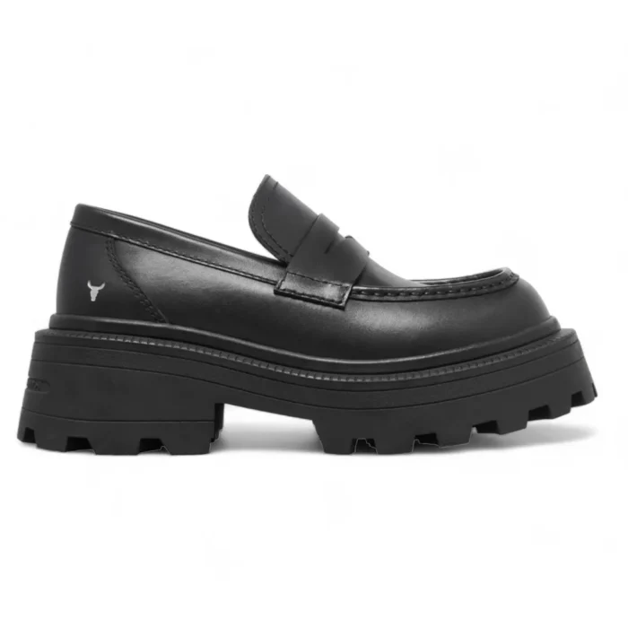 True - Women's Black Slip On Chunky Leather Loafers - Image 1