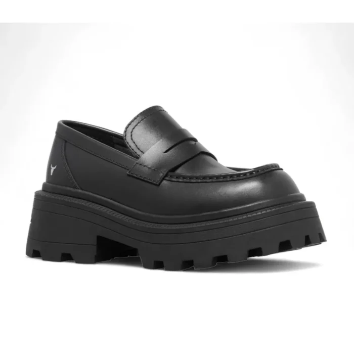 True - Women's Black Slip On Chunky Leather Loafers - Image 3