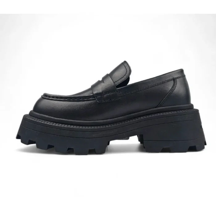 True - Women's Black Slip On Chunky Leather Loafers - Image 4