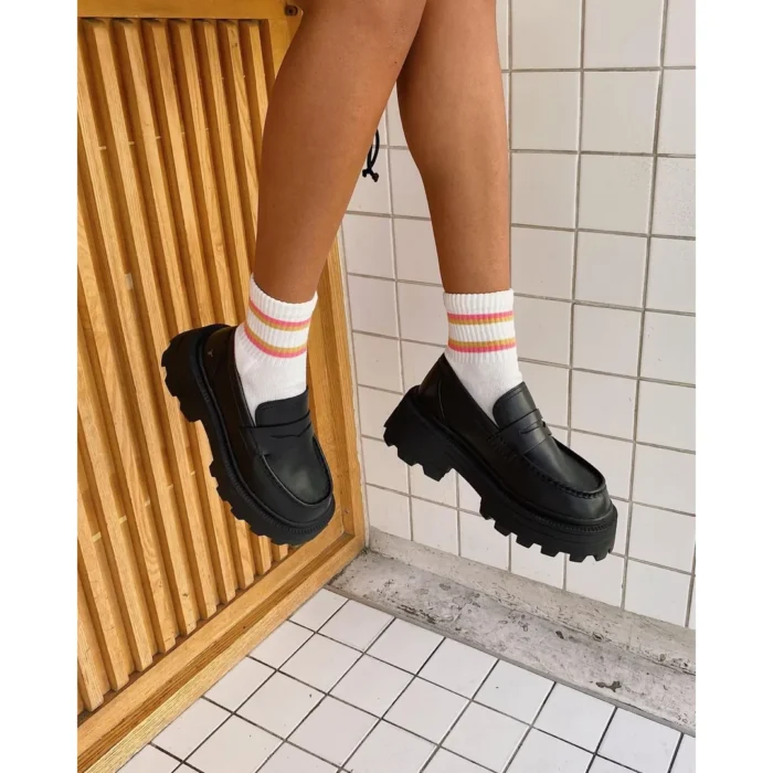 True - Women's Black Slip On Chunky Leather Loafers - Image 2
