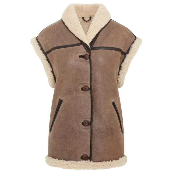 Women's Rustic Brown Shearling Leather Gilet - Image 2