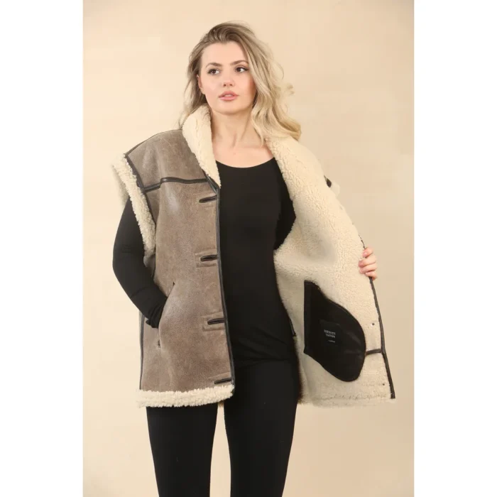 Women's Rustic Brown Shearling Leather Gilet - Image 4